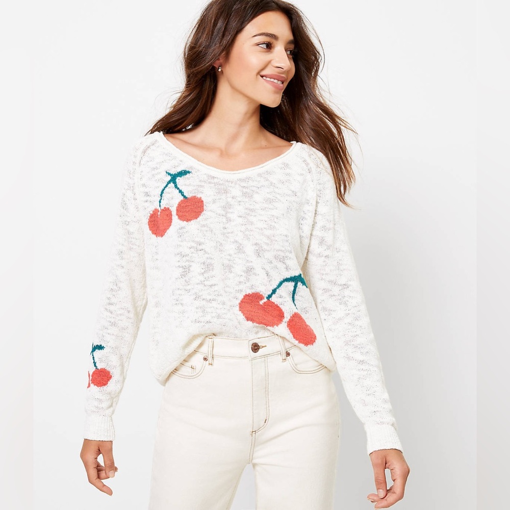 Lou & Grey Cherry Knit Sweater Cream and Red - Size Large